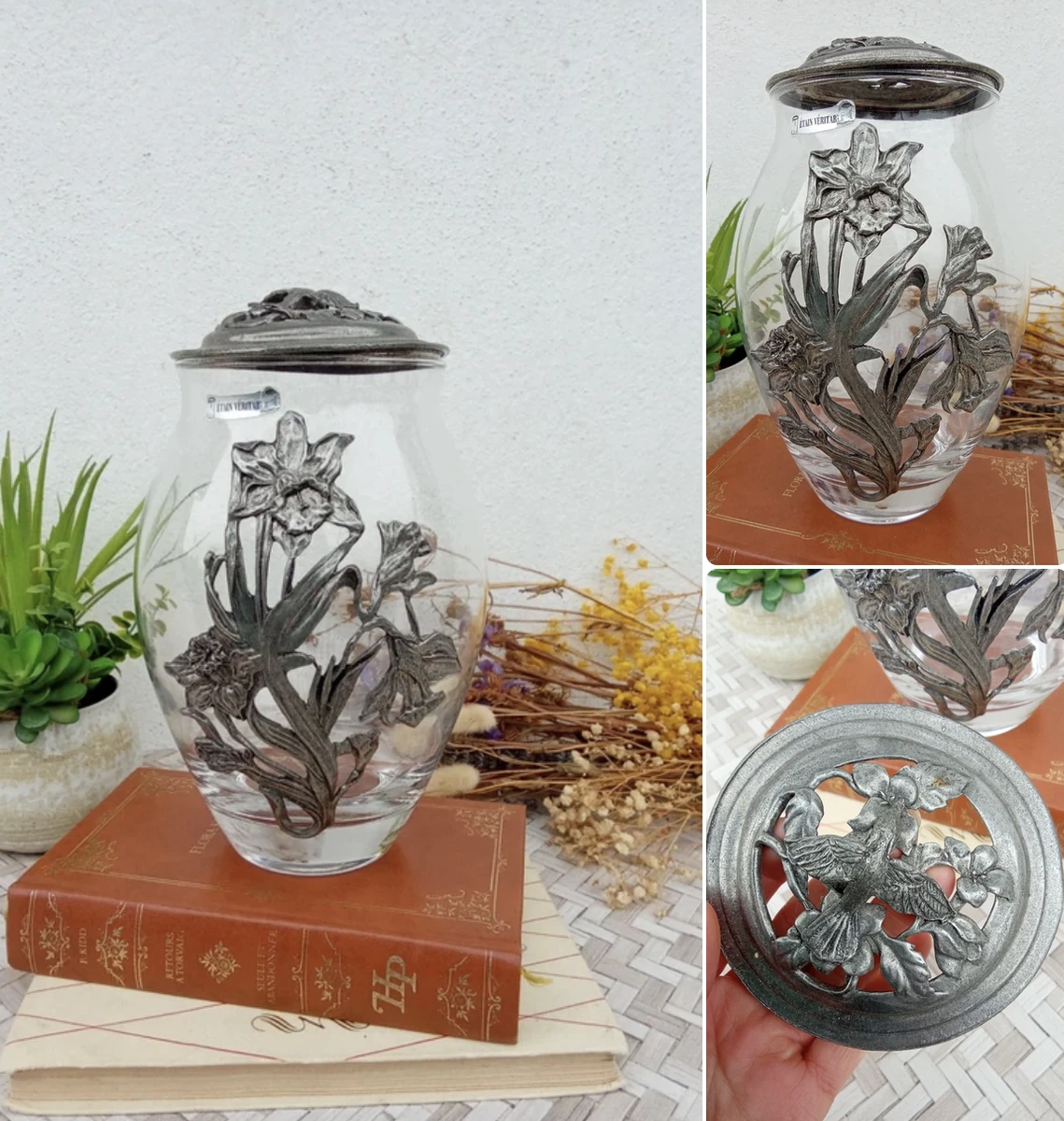 Boîte en verre et en étain ancienne