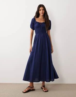 Esmée - Robe de plage longue nouée sur le devant à manches bouffantes - Bleu marine