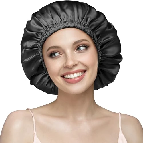 Umisleep Bonnet de Nuit en Soie 22 Momme - 100% Soie de mûrier - Double Bonnet en Soie pour Cheveux bouclés - Respirant et Ajustable - Élastique de Fixation（Noir）