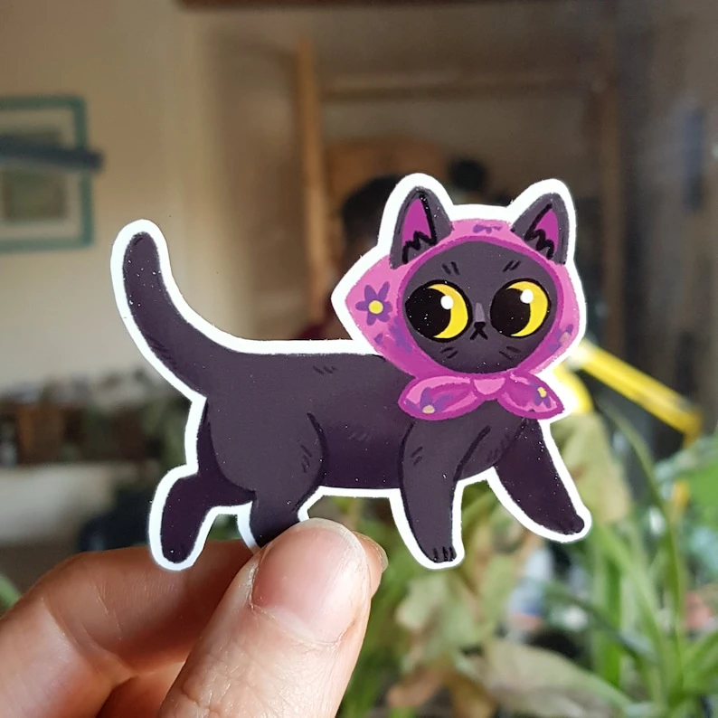 Sticker vinyle mignon chat noir / chat babouchka / sticker imperméable / cadeau pour amoureux des chats