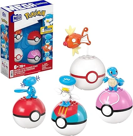 MEGA Pokémon Dresseur de Pokémon de type Eau Coffret de construction de 79 pièces avec figurines articulées d’environ 5 cm de haut, pour enfants, JCT42