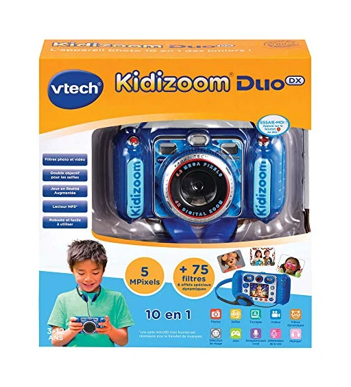 VTech - Kidizoom Duo DX Bleu, Appareil Photo Enfant 10 en 1, Filtres Dynamiques – Version FR