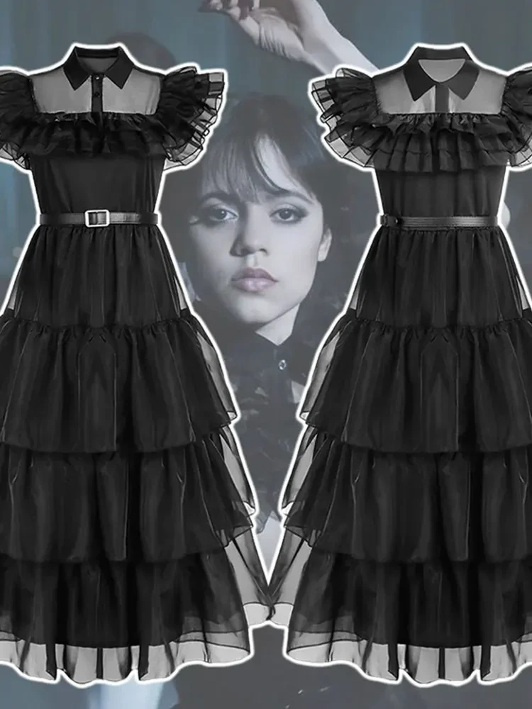 Robe de Cosplay du mercredi Addams pour Fille et Enfant, Costume de Film, Fibre Noire, Gothique, ixd'Halloween, Chemise de Nuit pour Femme - AliExpress 200000532
