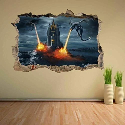 Sticker Mural - Dragon Feu Fantaisie Château - 3D Mur Stickers Muraux, pour Chambre Salon Fond DéCor 60x90cm