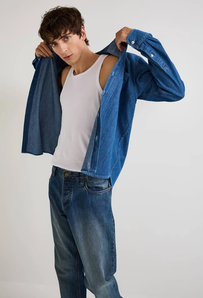 Chemise col mao en jean en coton bio