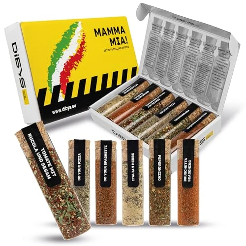 DIBYS MAMMA MIA! Coffret Cadeau d'Épices Italiennes | 6 Mélanges Authentiques avec Recettes | Herbes Italiennes, Épices à Pizza, Épices pour Spaghetti &amp; Plus | Cuisine Italienne