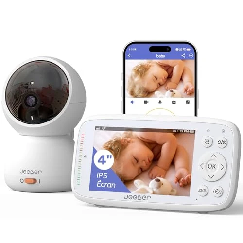 jeeber Babyphone Caméra Bébé, 4" IPS Babyphone Connecté Smartphone, 1080P, 360 ° View, HDR Vision Nocturne, VOX,Lumière Infrarouge Invisible, Détection des Pleurs &amp; Température