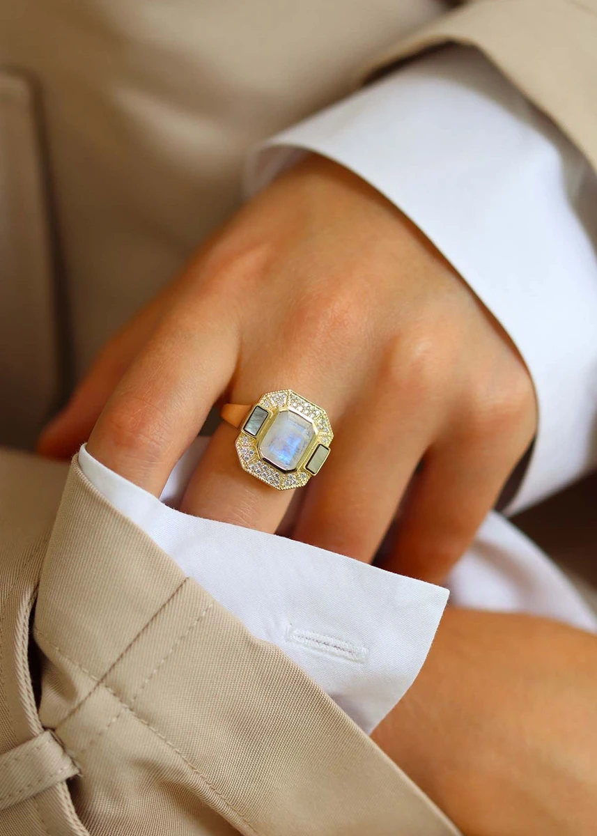 Celestine ring Moonstone and Grey Mother of Pearl