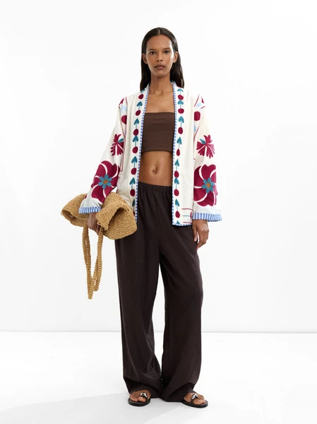 Kimono 100 % coton brodé à fleurs Multicolore | Parfois France