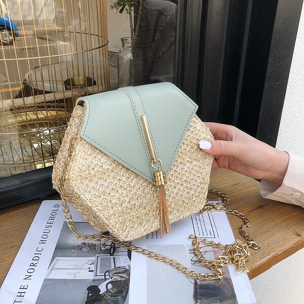 Hexagone Mulit Style paille + cuir sac à main femmes été rotin sac à la main tissé plage cercle bohême sac à bandoulière nouvelle mode | AliExpress
