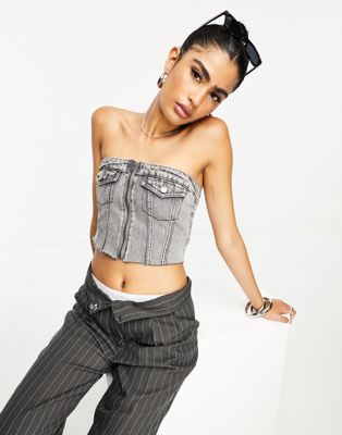 Stradivarius Top bandeau en denim avec poche Noir délavé