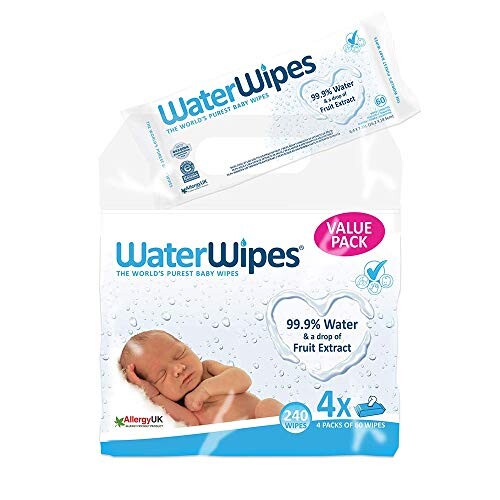 WaterWipes Lingettes Bébé pour Peaux Sensibles, 4 Paquets de 60 (240 Lingettes)