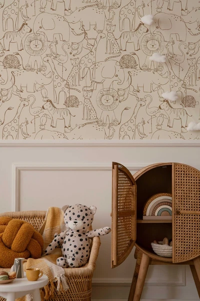 Papier peint animaux de safari dessin à la main mignon, décoration murale animaux monochromes pour enfants, papier peint animaux de bande dessinée pour chambre d'enfant, amovible
