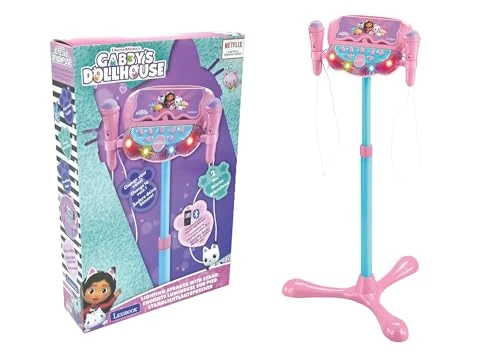 Lexibook, Gabby et la Maison Magique, Enceinte Bluetooth Lumineuse sur Pied pour Enfant, Jeu Musical, Hauteur Ajustable, Effets Lumineux, 2 Microphones Inclus, Rose/Bleu
