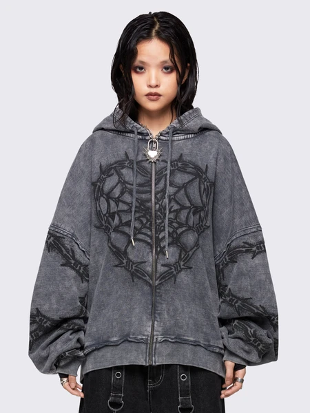 Love Web Washed Zip Up Hoodie