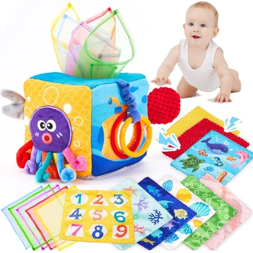 hahaland Jouet Bebe 6 Mois Mouchoirs Papier Boite, Jouet Sensoriels Montessori Papiers Froissés et Boîte à Tissus Cadeau pour Bébé 6 9 Mois