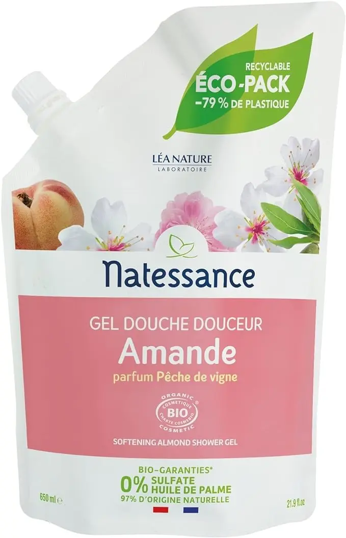 Natessance - Douceur Douceur Douchegel, perzikwijnstokken, gecertificeerd Bio Cosmos Organic Eco-Pack 100% recyclebaar, 650 ml