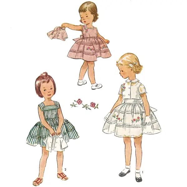 Modèle de couture des années 1950 : Robe à nouer au dos pour tout-petits, boléro et culotte - Poitrine 21 » (53,3 cm)