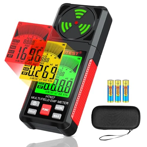 YOJOCK Détecteur EMF 3-en-1 Telluromètre, Mémoire Max, Mesure Champs Électromagnétiques (EF, RF, MF, WiFi), Testeur électromagnétique Maison/Extérieur-Rouge, Version 2024