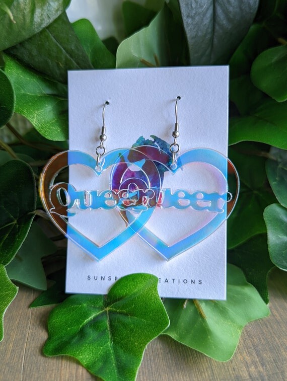 Boucles d’oreilles Queer Heart, Boucles d’oreilles pendantes, Crochets de boucles d’oreilles en acier inoxydable, LGBT, Boucles d’oreilles Pride